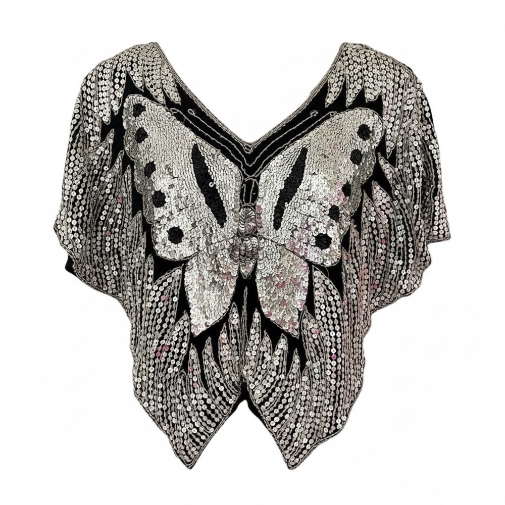 Vintage Sequin Butterfly Disco Top 100% Silk Size Small - Picture 4 of 12